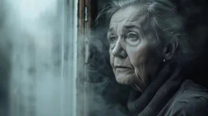 Fotobehang elderly woman looking through a foggy window. The photo depicts a poignant depiction of loneliness, as the woman stares into the misty unknown. © EnioRBC