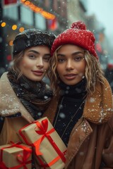 Young Mixed Lesbian Couple Enjoying Festive City Atmosphere While Buying Presents
