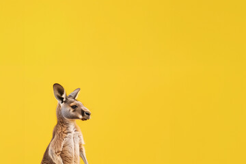 tête de kangourou et buste isolés sur fond jaune, avec espace négatif pour texte, copyspace