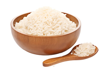 Fototapeta na wymiar White Rice in a Wooden Bowl and Spoon Isolated on transparent Background