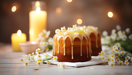 Traditional Easter kulich cake decorated with raisins and white meringue, color eggs, candles on blurred background, blossom flower on the top