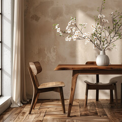 Home interior dining room with wooden chair, wooden table, and vase with flowers. rustic minimalist style.