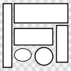 Scalloped edge rectangle, ellipse shapes. Scallop edge shapes, border, frame. Circle, square, oval, modern brutalism forms. Retro wave  design elements with frill border. Vector illustration. 