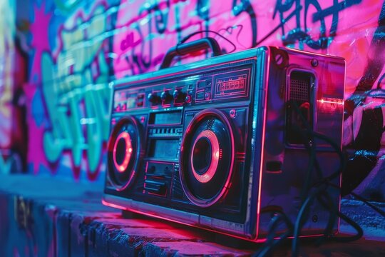 Retro neon boombox set against a backdrop of vibrant graffiti. a nostalgic trip back to the 80s with a modern twist Highlighting the era's music and street art culture.