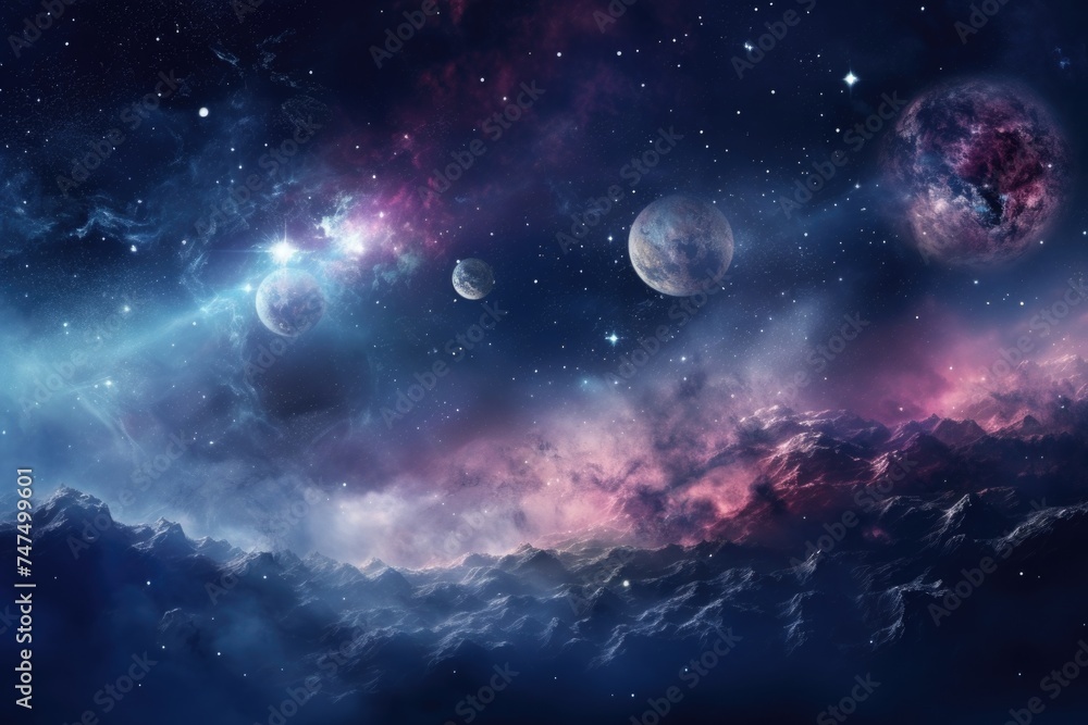 Poster A group of planets floating in the sky. Ideal for science fiction or astronomy concepts