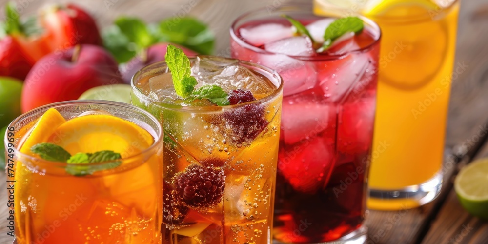 Poster a table with three glasses filled with various beverages. ideal for food and drink concepts