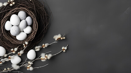 Easter grey color background with eggs in the nest. Blossom branch spring flower, holiday banner concept, copy space for text, greeting card, top view