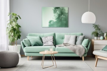Modern living room with green couch and coffee table, suitable for interior design concepts