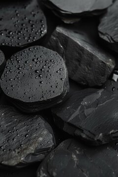 Close up of black rocks with water droplets, suitable for nature and texture backgrounds