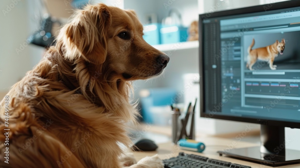 Poster A dog sitting in front of a computer monitor, suitable for pet and technology concepts