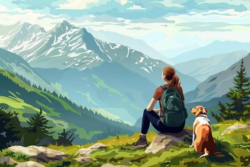 Scenic mountain landscape with a female tourist and her dog enjoying the view Symbolizing adventure and companionship - obrazy, fototapety, plakaty