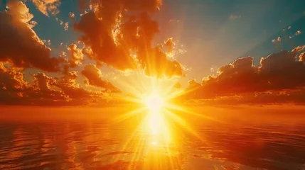 Fototapeten A vibrant sun shining over the calm ocean, perfect for travel websites © Fotograf