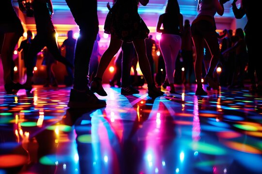 Silhouettes of people dancing energetically on a dance floor illuminated by colorful lights Capturing the vibrant atmosphere of a lively party or club scene.