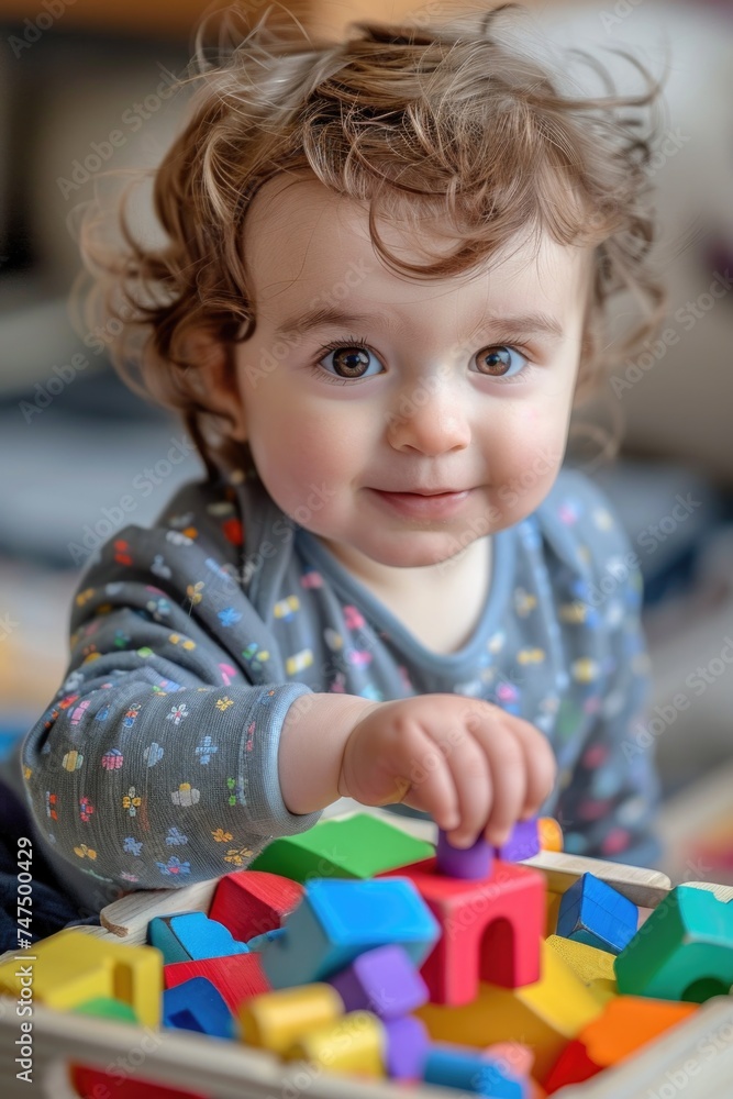 Aufkleber a toddler playing with wooden blocks, suitable for educational and child development concepts