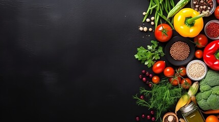 Obraz na płótnie Canvas Frame of organic food. Fresh raw vegetables with black beans. On a black chalkboard