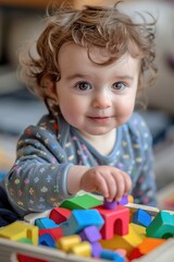 A toddler playing with wooden blocks, suitable for educational and child development concepts