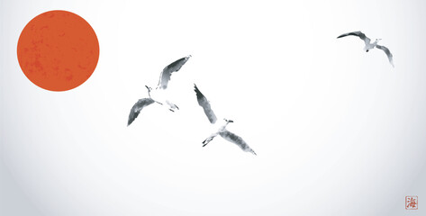 Minimalistic ink painting, displaying seagulls in flight with big sun and big red sun. Traditional oriental ink painting sumi-e, u-sin, go-hua. Hieroglyph - sea