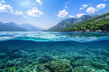 Fototapeta na wymiar Split underwater and above-water view Capturing the serene beauty of the underwater world and the clear Sunny sky above Illustrating the dual wonders of nature