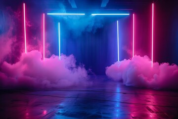 Stage set with dramatic neon lights and smoke Providing a perfect backdrop for music videos or theatrical performances. - obrazy, fototapety, plakaty