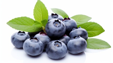 Fresh blueberries with bluberry leaves isolated on white background. Top vew - obrazy, fototapety, plakaty