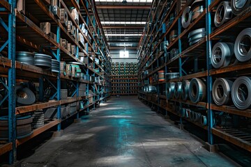 Steel coil storage in an industrial warehouse Showcasing the manufacturing and distribution process of metal products - obrazy, fototapety, plakaty