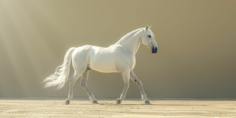 3D animated horse teaching equestrian skills in an elegant influencer setup against a pastel tan background.