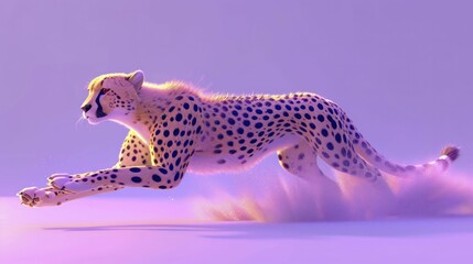 3D cartoon cheetah sprints in a speed training vlog with a dynamic influencer pose against a pastel violet backdrop.