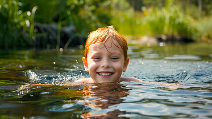 A gleeful young boy with wet hair swimming in a natural water setting