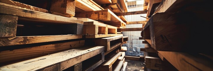 Ready for Shipment: Stacked Wood Planks and Shelves in a Warehouse Setting