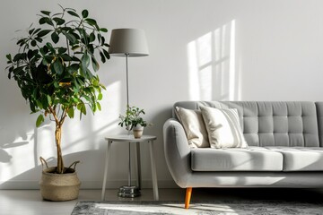Minimalist Living: White Apartment Interior with Carpets, Sofa, Lamp, and Plant
