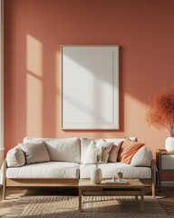 Modern Scandinavian Living Room Interior with Empty Poster Frame Mockup
