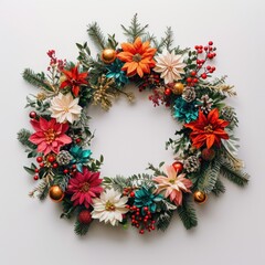 Fototapeta na wymiar 2024 Festive Christmas Wreath with Vibrant Flowers and Ornaments