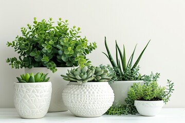 Fototapeta premium Varied indoor plants in minimalist pots Creating a serene green living space