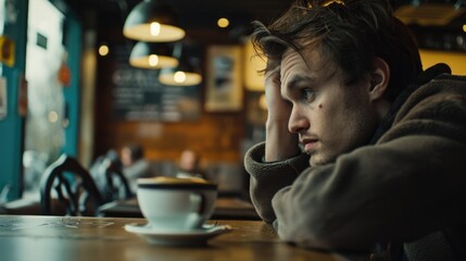 A man sitting at a table with a cup of coffee. Suitable for cafe or relaxation concept