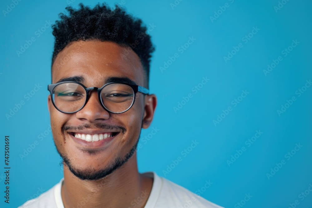 Poster a man with glasses smiling at the camera. suitable for business and lifestyle concepts