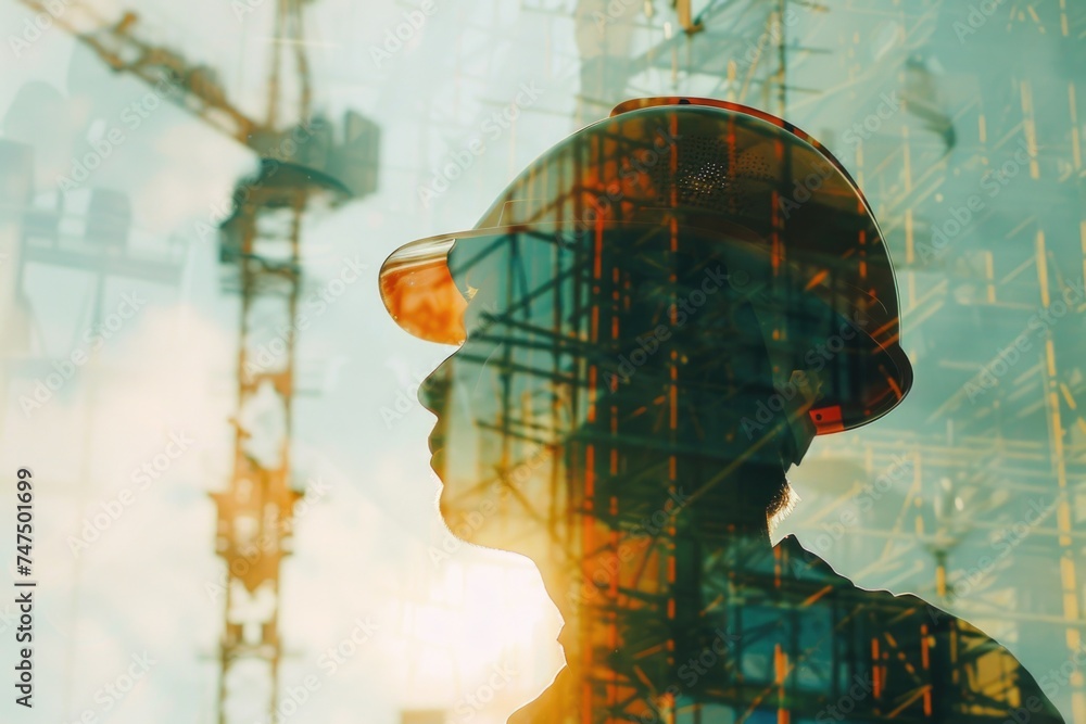 Canvas Prints A man wearing a hard hat standing in front of a construction site. Suitable for construction industry concepts