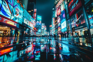 Vibrant and imaginative futuristic cityscape at night Illuminated by neon signs and digital billboards Showcasing a vision of urban innovation and digital advertising in a sci-fi setting. - obrazy, fototapety, plakaty