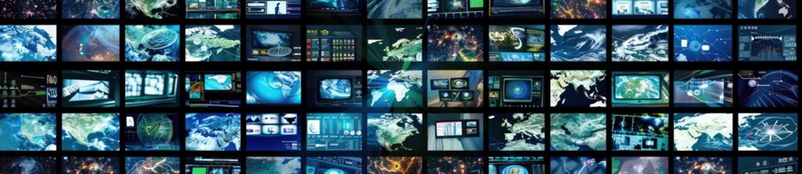 a large number of video screens show televisions around the globe, in the style of intertwined networks