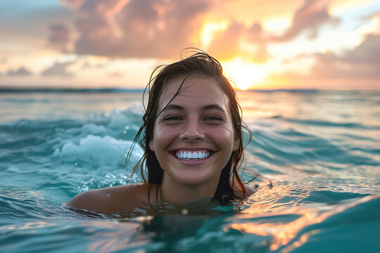 A woman's beaming smile glimmers in the ocean at sunset