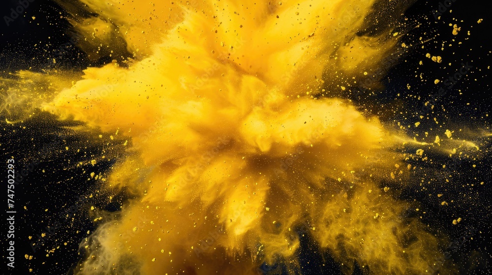 Poster vibrant yellow powder exploding on a dark backdrop, great for dynamic and energetic designs