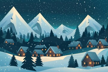 Winter wonderland scene featuring a quaint village nestled among snow-covered pine trees under a starlit sky With cozy cabins emitting a warm glow - obrazy, fototapety, plakaty
