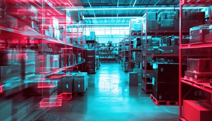 a warehouse filled with electronic connected devices, in the style of blurred imagery, light indigo and red, transport