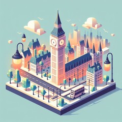 Isometric Landmark Design of London Britain Big Ben with Relaxing Lo-Fi Vibes Illustration