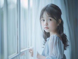a young asian girl is standing near the window, wearing a blue dress