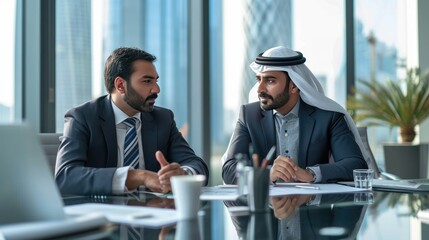 Consultation in Dubai, Two middle-eastern businessmen engage in a serious discussion at a modern office desk, with the cityscape of Dubai faintly visible in the background - obrazy, fototapety, plakaty
