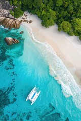 A stunning aerial view of a boat sailing in the vast ocean. Perfect for travel and adventure concepts