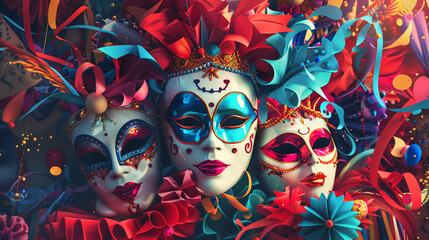 Carnival masks and confetti with copy space, created with generative AI technology