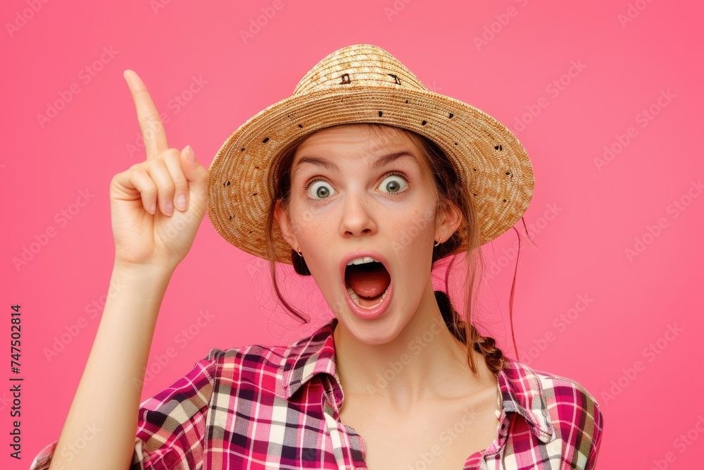 Canvas Prints a woman in a straw hat making a humorous expression. suitable for social media posts