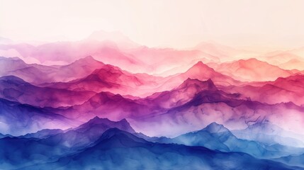 Watercolor Mountain Range, artistic watercolor representation of layered mountain ranges, transitioning through a spectrum of warm to cool hues