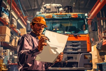  experienced truck mechanic in a workshop holding a document while checking their truck, in the style of dark orange - obrazy, fototapety, plakaty